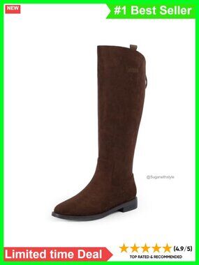 Faux Leather Knee High Boots Round Toe Flat Low Heel Riding Boots